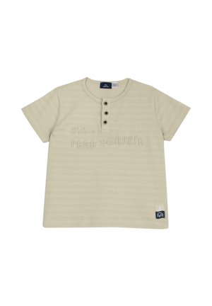 T-shirt en beige à manches courtes en tissu texturé, avec une patte de boutonnage à quatre boutons et le texte en relief "PARA SONREÍR" à l'avant.