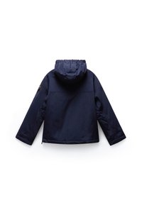 Marineblaue Kapuzenjacke mit langen Ärmeln, von hinten auf weißem Hintergrund gezeigt.