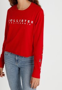 Röd långärmad skjorta med "HOLLISTER CALIFORNIA" tryckt i vitt. Har blommig broderi på ärmarna. Bomullstyg, avslappnad passform.