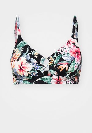 Kwiatowy biustonosz na czarnym tle z wyraźnymi różowymi, pomarańczowymi i zielonymi wzorami. Posiada regulowane ramiączka i detale w formie dziurki z przodu.