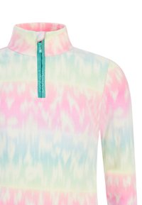 Fleece half-zip top met een pastelgradiëntpatroon in roze, blauw en groen. Inclusief een turquoise rits en een staande kraag.