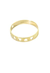 Gold ring made of 9KT material, featuring cut-out heart shapes along the band. Smooth texture, polished finish, and rounded design.