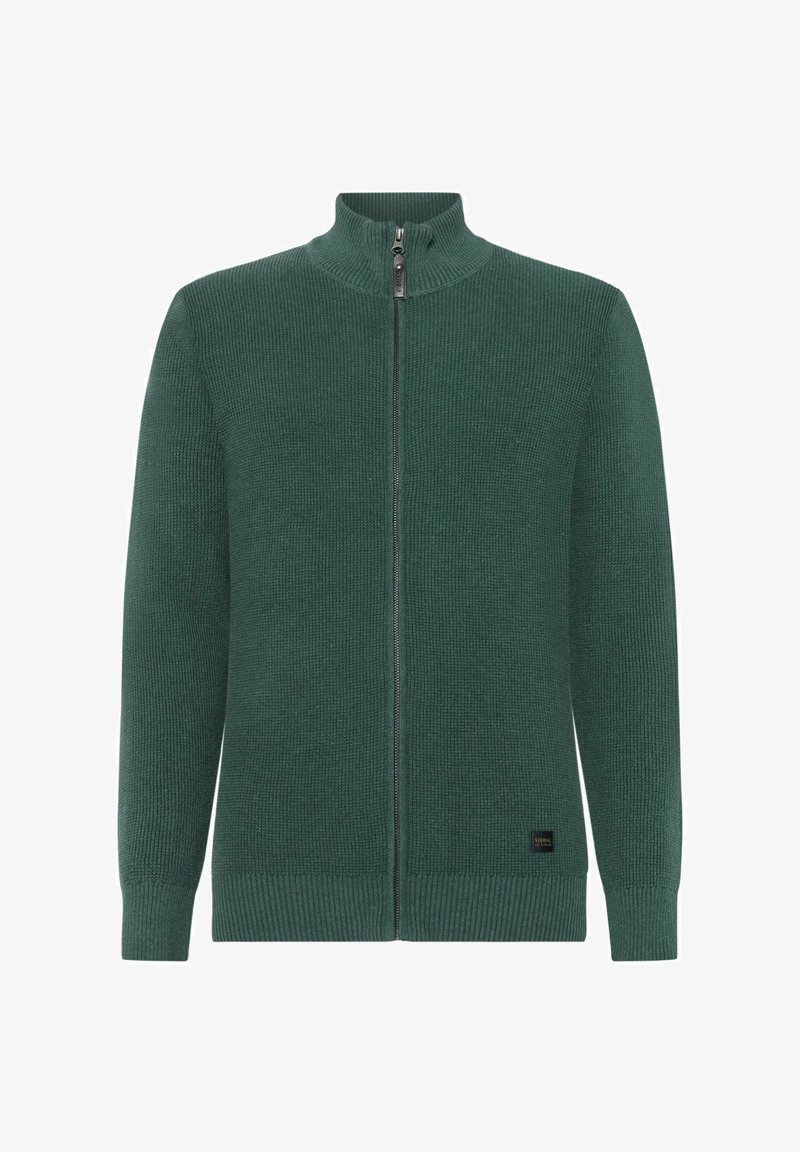 Maglione verde lavorato a maglia con zip, colletto alto, texture a coste e polsi aderenti. Presenta una zip in contrasto e un piccolo dettaglio del logo sull'orlo.