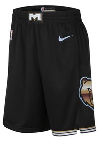 Shorts de sport noirs à texture tissée, avec un logo d'ours, le swoosh Nike, et une bande d'accent jaune et blanche à l'ourlet.