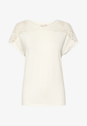Cremfarbener Kurzarm-Top mit strukturiertem Spitzenmuster an den Schultern, aus weichem Material, mit lockerer Passform und Rundhalsausschnitt.
