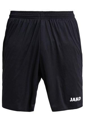 Schwarze Sportshorts aus leichtem Material, mit einem elastischen Bund und einem bedruckten weißen Logo auf der unteren linken Seite.