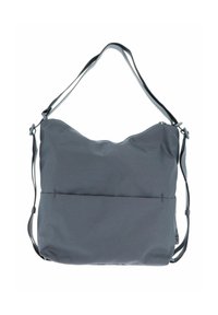 Sac synthétique gris avec une surface texturée, un design décontracté, une fermeture zippée sur le dessus et une bandoulière réglable. Comprend une poche avant.