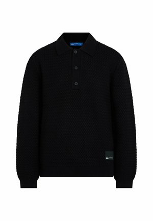 Pull-over en maille noir à manches longues avec motif texturé, patte à trois boutons, col et petite étiquette rectangulaire de la marque près de l’ourlet.
