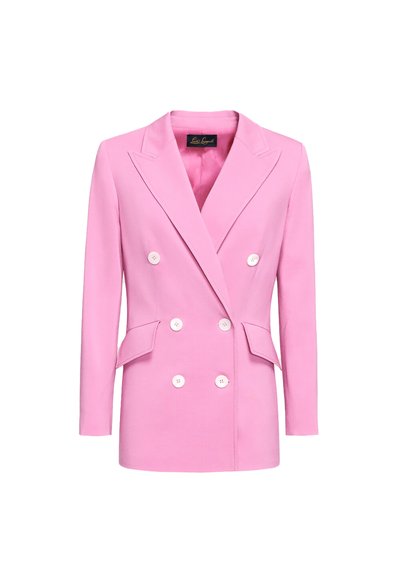 Double-breasted pink blazer made of fabric with a smooth texture. Features white buttons, notch lapels, and side pockets.