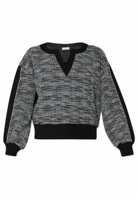 Pullover in bianco e nero con un motivo testurizzato, scollatura a V e polsini a coste neri. Presenta maniche a palloncino e una vestibilità rilassata.