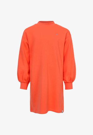 Oversized oranje sweatshirt met lange mouwen, een hoge halslijn, gerimpelde manchetten en een klein logo in de linkerbovenhoek.