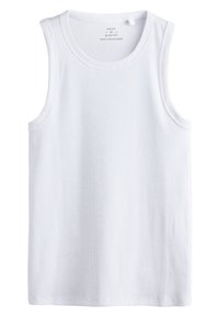 Débardeur blanc à coupe ajustée avec texture côtelée, encolure ronde et emmanchures larges. Design épuré, sans motifs ni ornements.