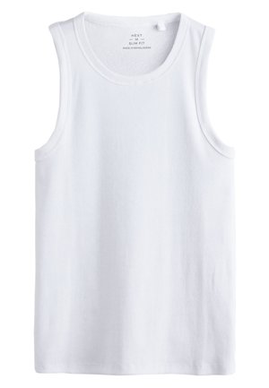 Débardeur blanc à coupe ajustée avec texture côtelée, encolure ronde et emmanchures larges. Design épuré, sans motifs ni ornements.