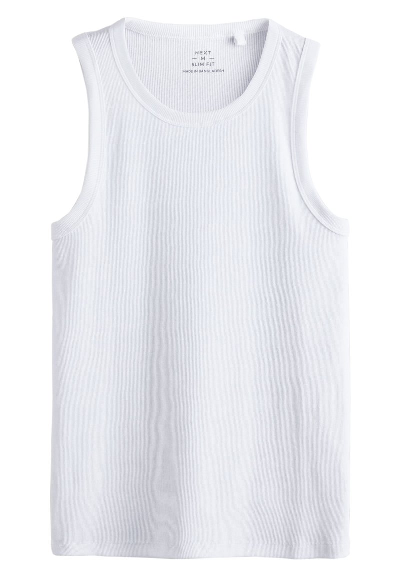 Débardeur blanc à coupe ajustée avec texture côtelée, encolure ronde et emmanchures larges. Design épuré, sans motifs ni ornements.