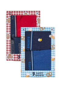 Pack of two pairs of shorts: red and navy blue, featuring cotton material, soft texture, embroidered designs, and color-contrasting waistbands.