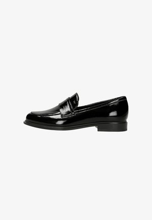 Mocassins en cuir verni noir avec un bout rond, dotés d'une lanière décorative sur le coup de pied et d'un talon bas et carré.