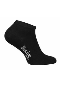 Schwarze Bambus-Socke bis zum Knöchel mit geripptem Bund. Auf der Seite mit weißem Branding "Bamboo Socks" versehen. Glatte Textur, figurschmeichelndes Design.