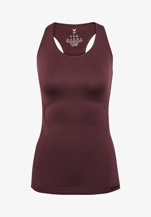 Bordeaux atletische tanktop met een aansluitende pasvorm, racerback snit en zachte, rekbare stof. Bevat verzorgingsinstructies aan de binnenkant.
