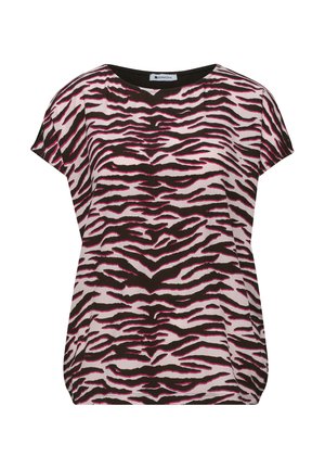 Kortemouwenblouse met roze en zwarte zebraprint, ronde hals en relaxte pasvorm.