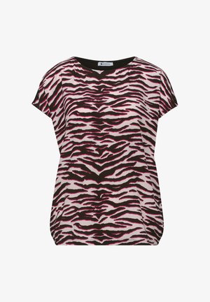 Bluzka z krótkim rękawem z różowo-czarnym wzorem zebry, okrągłym dekoltem i luźnym krojem.