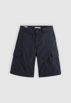 Shorts cargo bleu marine en coton avec deux poches latérales et une poche cargo. Comprend des coutures piquées et une fermeture à bouton à l'avant.
