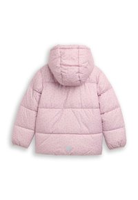 Roze pufferjack met een gewatteerd ontwerp, capuchon en subtiel hartpatroon. Voorzien van elastische manchetten en een soepele, gladde textuur.