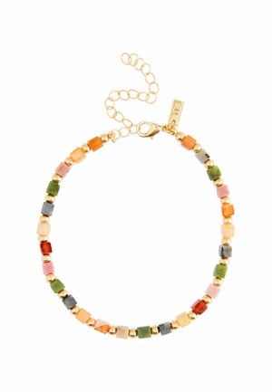 Adjustable chain bracelet with alternating small gold spheres and multicolored square beads in shades of orange, green, pink, gray, and red.