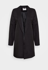 Svart blazer med en slät och elegant textur, snibbade slag, långa ärmar och en öppen frontdesign. Har en subtil lyster och skräddarsydd silhuett.