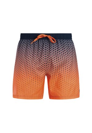 Zwemshorts met een oranje-naar-zwart verloop, voorzien van een driehoekig patroon, elastische tailleband en oranje trekkoord.