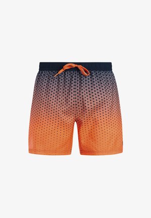 Zwemshorts met een oranje-naar-zwart verloop, voorzien van een driehoekig patroon, elastische tailleband en oranje trekkoord.