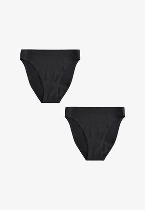 To ensfarvede sorte bikiniunderdele med højt skår, lavet af glat stof, vist fladt på en hvid baggrund.