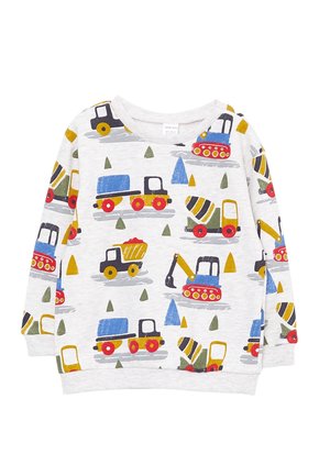Grijze sweatshirt met kleurrijke patronen van vrachtwagens en bouwvoertuigen. Ronde hals, lange mouwen en elastische manchetten. Zachte stof.