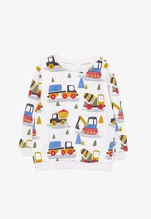 Sudadera gris con estampados coloridos de camiones y vehículos de construcción. Cuello redondo, mangas largas y detalle de puño elástico. Tejido suave.