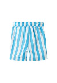 Blue and white striped swim shorts with an elastic waistband and a smooth fabric texture. Features vertical stripes of varying widths.