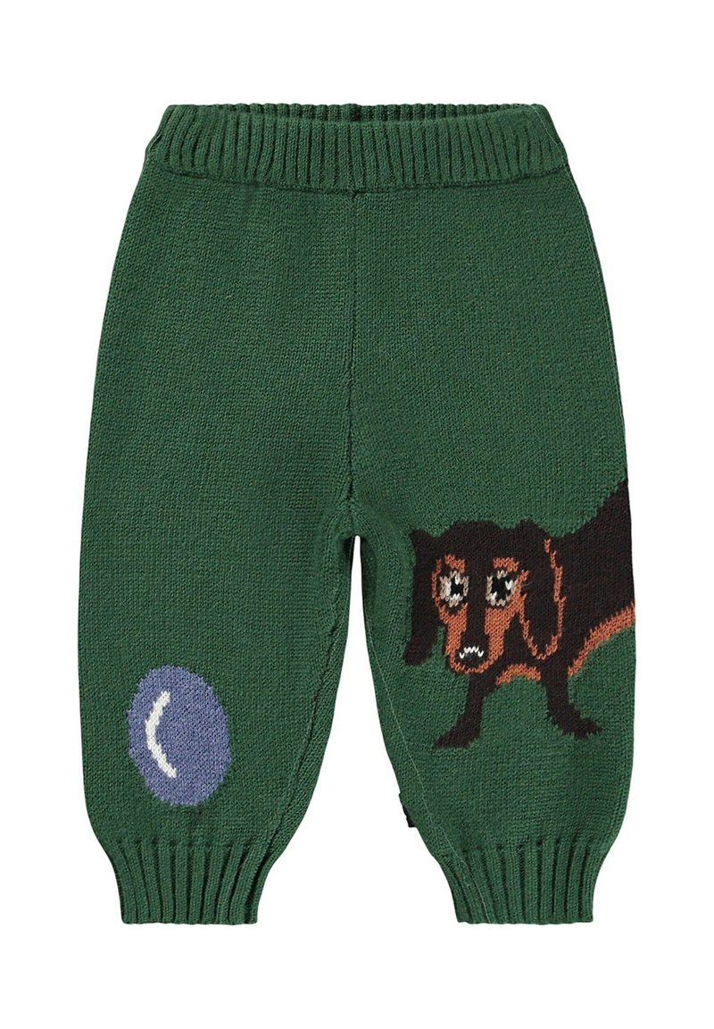 Pantalon vert tricoté pour enfants avec une taille côtelée, comportant un motif de teckel et une balle bleue sur le côté.