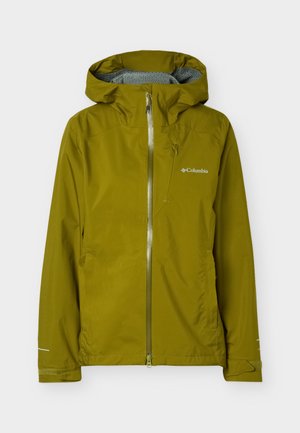 Αδιάβροχο μπουφάν σε ελιά πράσινο με κουκούλα, πλήρες φερμουάρ μπροστά, ρυθμιζόμενα μανίκια και το λογότυπο της Columbia στο στήθος, πάνω σε λευκό φόντο.