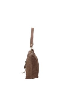 Bruine suede handtas met een verticale vorm, een enkele schouderriem, gouden hardware en een slank profiel. Voorzien van een ritssluiting.