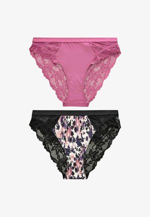 Rosa Spitze und einfarbiger Stoff im oberen Bereich, unten schwarze und gemusterte Unterwäsche mit floralem Spitzen- und Tierdruck-Detail.