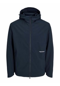 Giacca blu navy con cappuccio, chiusura con zip, tasche frontali e logo "Originals Studio". Realizzata in tessuto liscio e leggero.