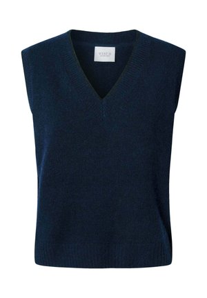 Suéter sin mangas de color navy con escote en V, confeccionado en tejido de punto suave. Presenta un color sólido y un borde acanalado alrededor del escote y el dobladillo.