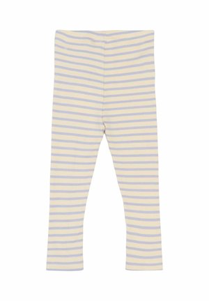 Triibulised legginsid pehmest kangast, millel on heledast kollasest ja lavendlililledest horisontaalsed triibud, sujuva tekstuuri ja liibuva disainiga.