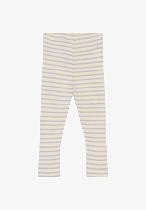 Pruhované legíny vyrobené z mäkkej látky, s horizontálnymi pruhmi v svetložltej a levanduľovej farbe, s hladkou textúrou a priliehavým strihom.