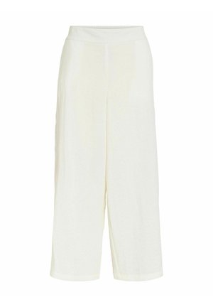 Kreemjad laiad lühikesed püksid lameda vöökohaga, nähtavate taskuteta ega kaunistusteta valgel taustal.