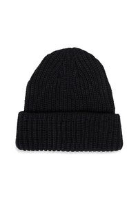 Gorro de punto negro con puño doblado, que presenta un patrón texturizado y una parte superior redondeada. Fabricado con lana gruesa para proporcionar calor.