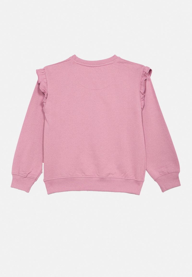 Różowa bluza z długimi rękawami, ze ściągaczami przy rękawach i u dołu, z falbankami na ramionach. Miękka tkanina, prosty design, bez grafik.