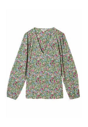 Florale Bluse aus leichtem Stoff in Grün mit pinken und blauen Blumen. Verfügt über einen V-Ausschnitt und lange, geraffte Ärmel mit elastischen Bündchen.