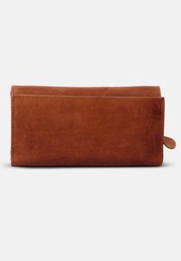 Brown leather wallet with a textured surface, rectangular shape, and a small pull tab on one side. Stitching detail visible along edges.