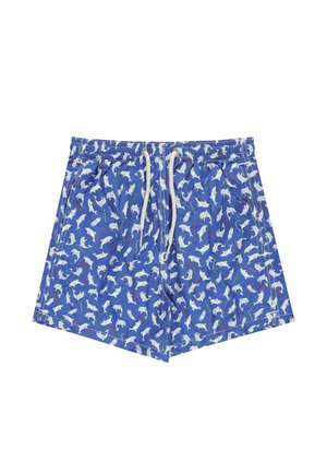 Costume da bagno blu con motivi di delfini bianchi e canne da pesca rosse, con vita elastica e coulisse bianca.