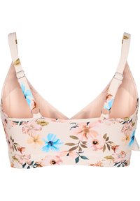 Blommig bralette med en ljusbeige bas, med rosa och blå blomstermönster. Justerbara band med metallhårdvara och V-ringad design.