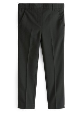 Pantaloni negri dintr-un material neted, cu un design ajustat, față plată, două buzunare laterale și închidere cu un singur nasture.
